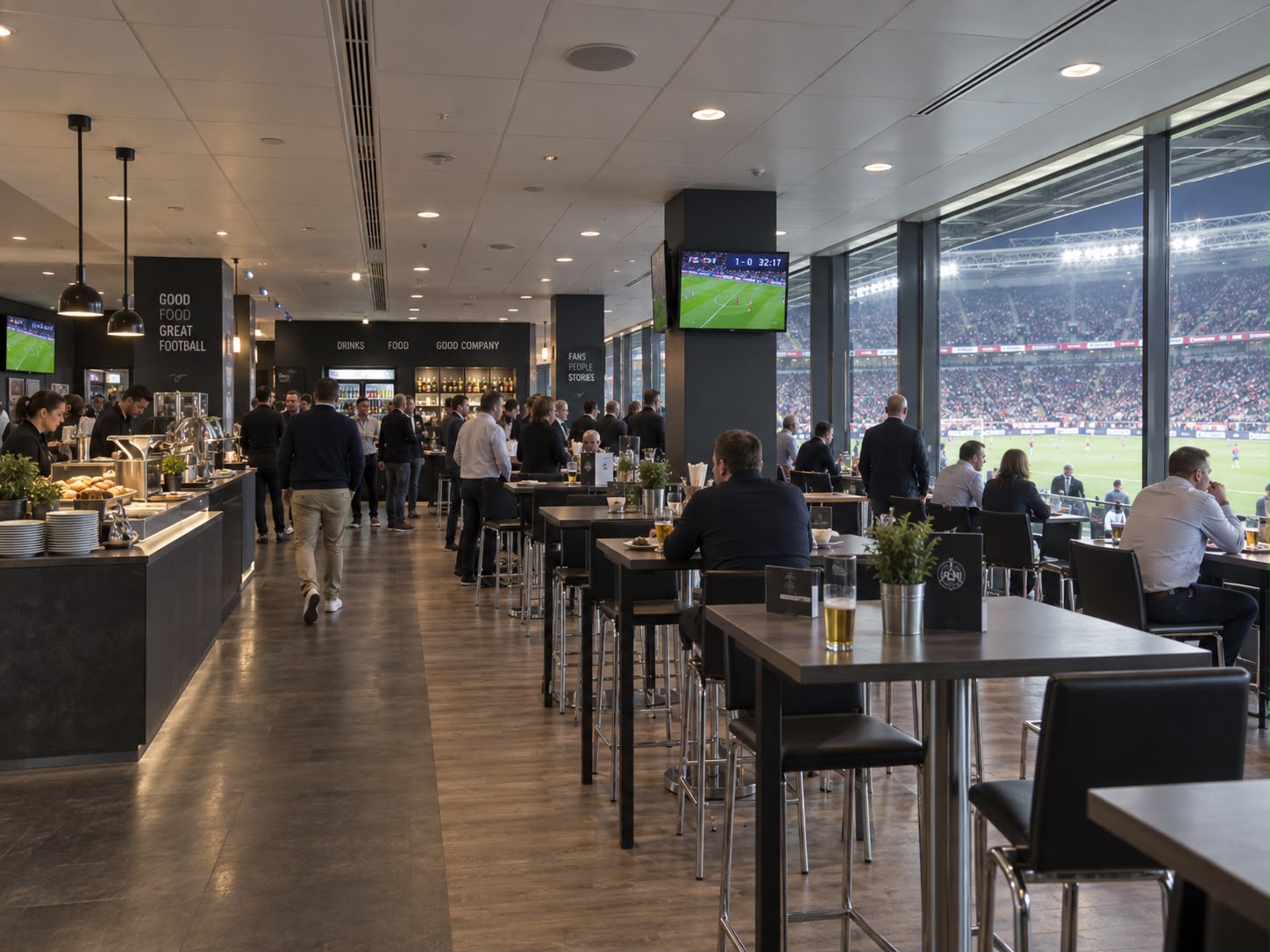 Beispielbild: Lounge mit Buffet, Stehtischen und Blick ins Stadion